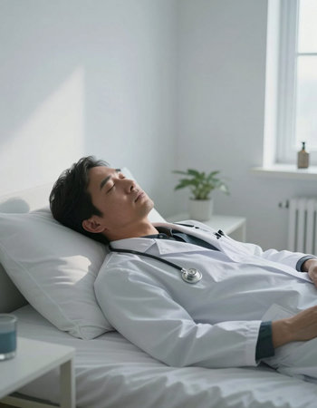 asian male doctor sleeping on the bed at hospital room with stethoscope