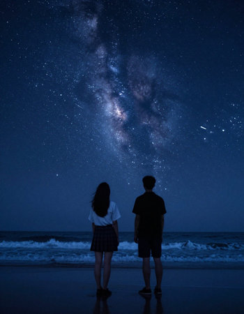 Young couple watching the milky way over the sea at night.