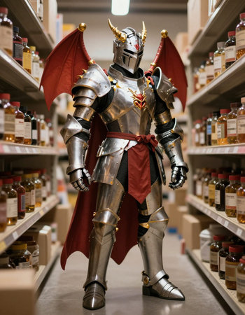 Medieval knight in the shop, stock photo