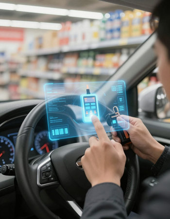 Closeup of man using mobile phone while driving car in shopping mall