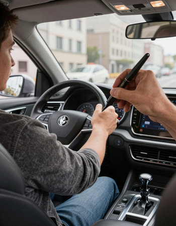 Man using mobile phone while driving car, close up view of hands