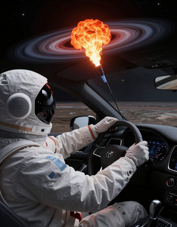 Astronaut driving a car with a fire on the steering wheelの写真素材