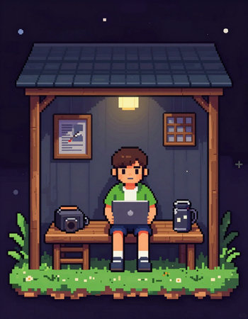pixelated boy sitting at the table with laptop in front of his house