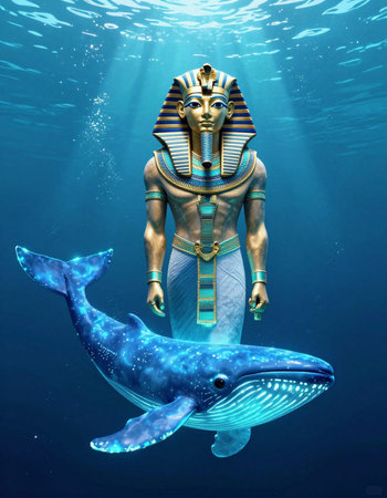 3d render of an ancient Egyptian deity with a whale in the ocean