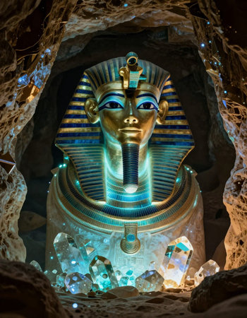 Statue of pharaoh Tutankhamun in an underground cave