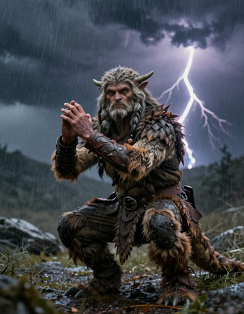 Fantasy portrait of a viking warrior in the rain with lightning
