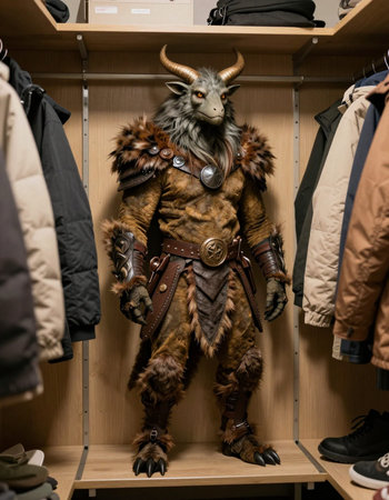 Viking in a fur coat in a shop window.の写真素材