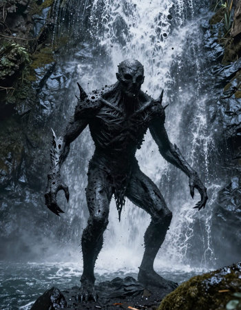 Statue of a man in the form of a monster and a waterfall