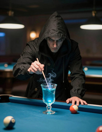 young man finding best solution and right angle at pool sport game