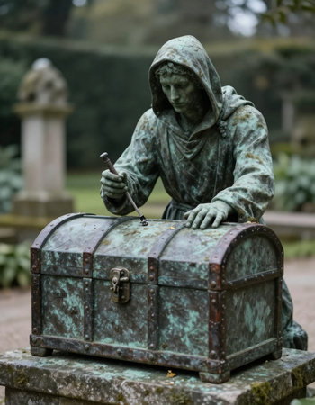 Bronze chest with a smoking pipe in the middle of the garden