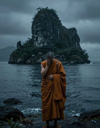 Buddhist monk standing in front of a rock in the sea