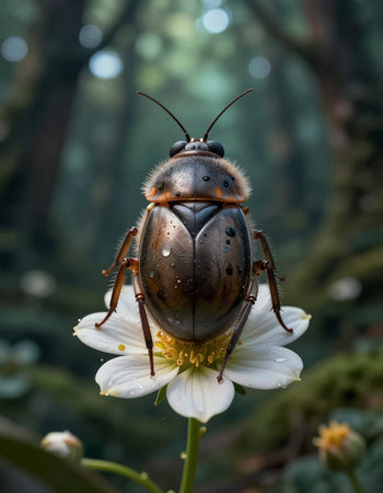 Close-up of a beetle on a white flower in the forestの写真素材