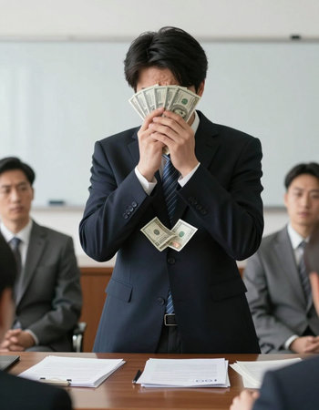 Businessman covering his face with money, focus on his face.の写真素材