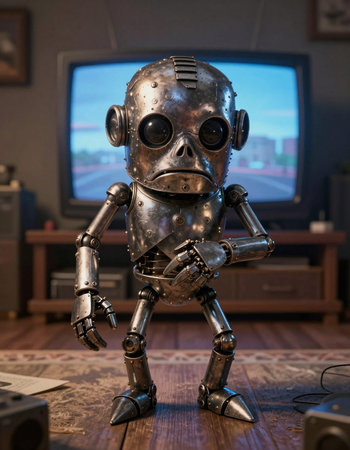 Vintage tin robot with headphones and video game console at home.の写真素材