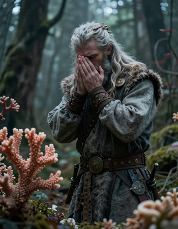 Medieval man in the forest. Fantasy, fantasy, history.