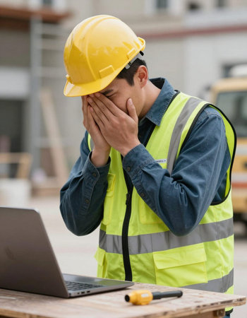 construction worker tired and stressed in front of laptop computer on siteの写真素材