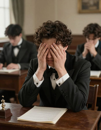 Male student covering his face with his hands.
