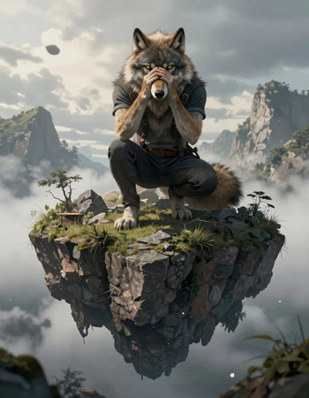 Man sitting on the edge of a cliff with a wolf