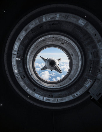 Aerial view of a spaceship window with blue sky and white clouds.の写真素材