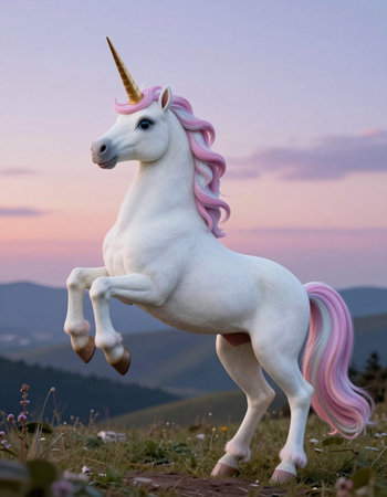 Unicorn in the mountains at sunset. Magic fantasy creature.