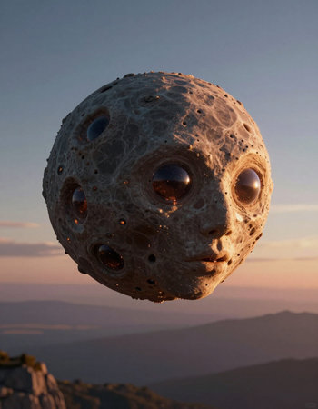 Alien head on the top of the mountain in the evening light.