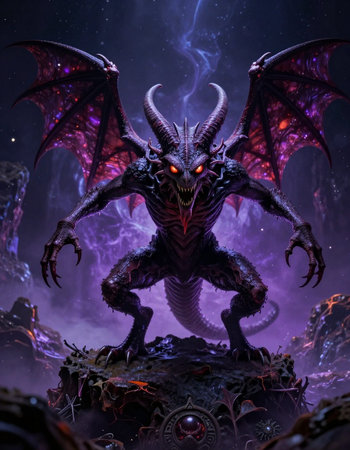 3D rendering of a fantasy dragon in the dark with fire and smoke