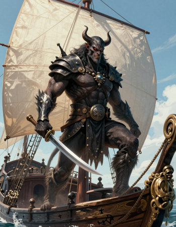 The image of a warrior on the deck of a sailing ship