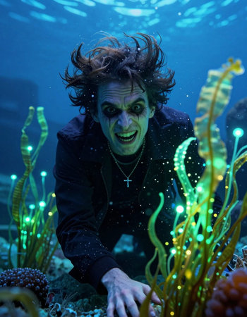 Portrait of a man in the sea. Underwater world.