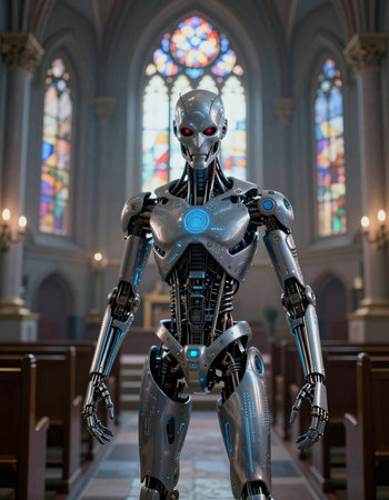 A model of a robot inside the Metropolitan Cathedral of New York.