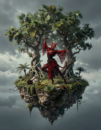 Fantasy scene with a red devil in the middle of a tree