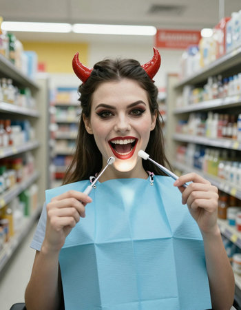 Portrait of a happy young woman holding shopping bags in a drugstore
