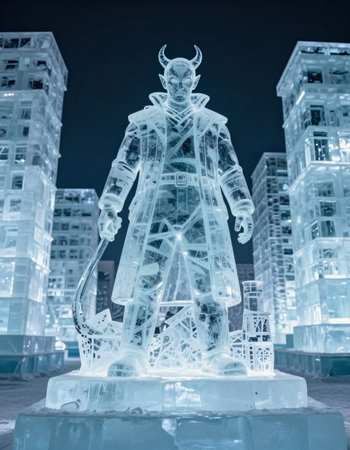 Ice sculpture of a man on the background of skyscrapers.