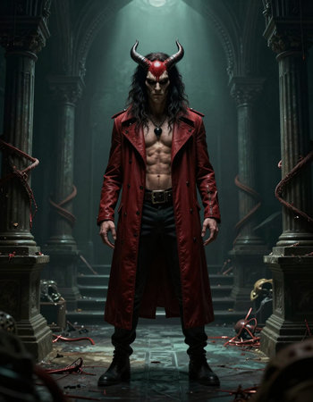Portrait of a devil with horns in a dark room. Halloween.