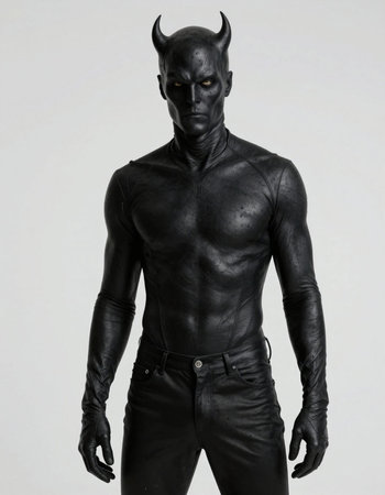 Devil man in black leather costume. Studio shot on grey background.