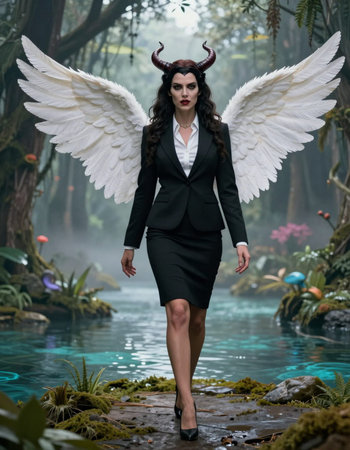Beautiful woman with angel wings in the jungle.