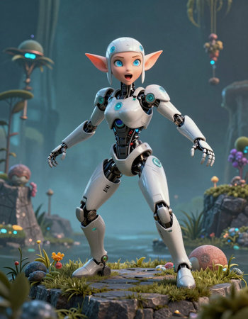 3D rendering of a female robot in a fantasy world with a planet.
