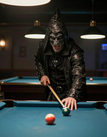 Young man playing billiards, dressed in a black cloak