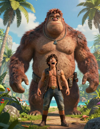 3D rendering of a large gorilla in a jungle environment with palm trees