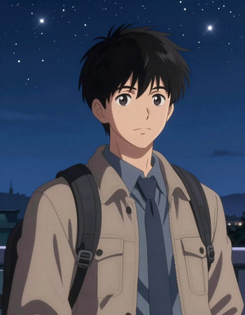 A young man with a backpack is standing at night