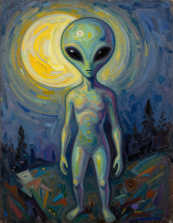 Mysterious Alien. Original oil painting on canvas. Hand drawn illustration.
