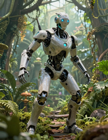 Robot statue in the garden, artificial intelligence concept. 3d rendering.