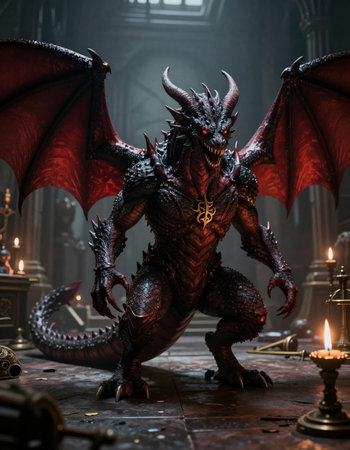Dragon in a dark room with candles in the background. Halloween concept.