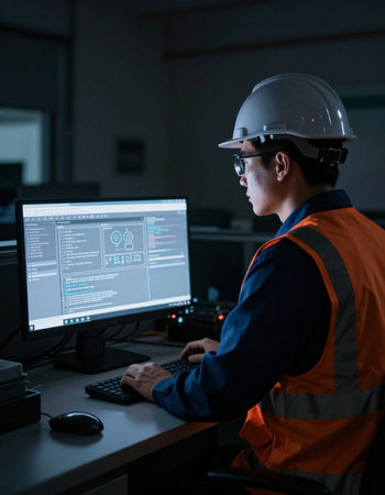 Engineer working on a computer at night in the factory. Industrial people