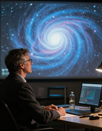 Mature businessman working on computer late at night in office, light effect