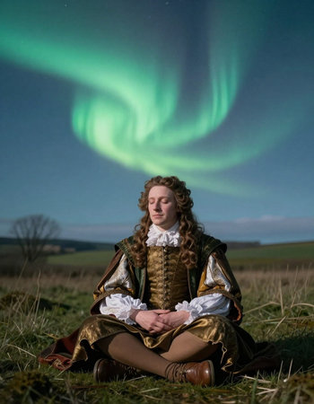 Young woman in medieval dress and big green aurora borealis.