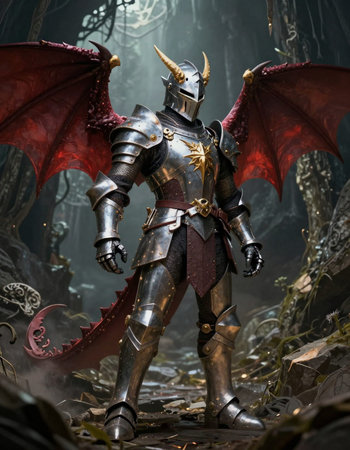 Medieval knight in the dark forest. Fantasy concept. 3d rendering.