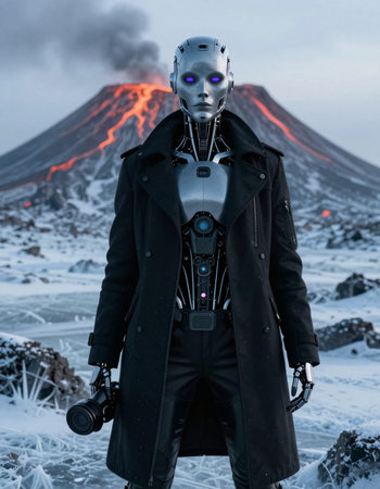 Cyborg man in front of volcano eruption. 3D rendering.