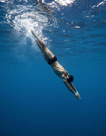 Underwater photo of a man swimming in the blue sea. Underwater photography.