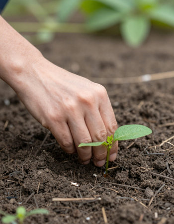 Close-up of a woman's hand planting a green seedling