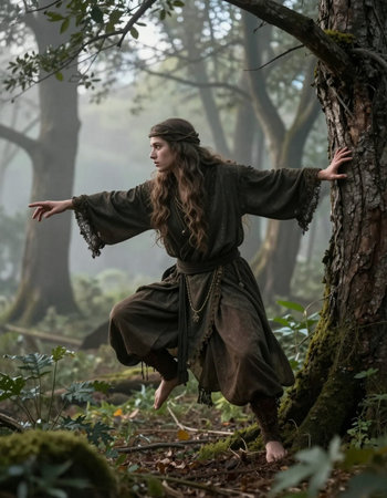 Beautiful young woman in medieval costume dancing in the forest. Fantasy concept.